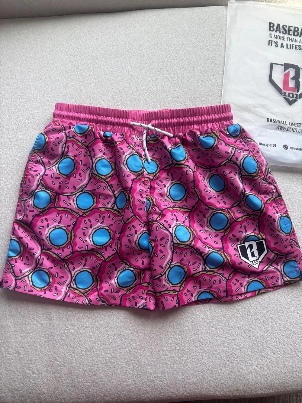 Boys Baseball Lifestyle Pink Donut Print Swim Trunks
